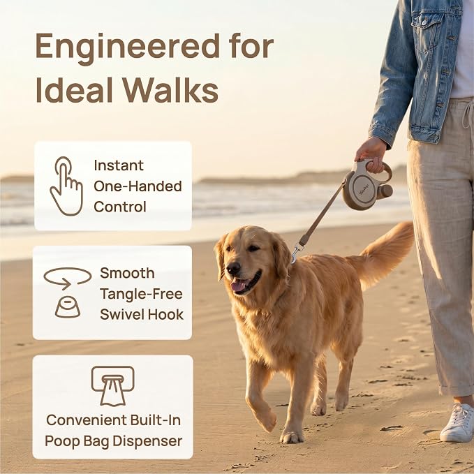26ft Retractable Dog Leash for Large Dogs up to 110 lbs, Khaki | Automatic 8M 360°Tangle-free Durable Nylon Rope for Dogs up to 50KG,Detachable Waste Bag Dispenser, One-hand Brake & Lock - Image 5