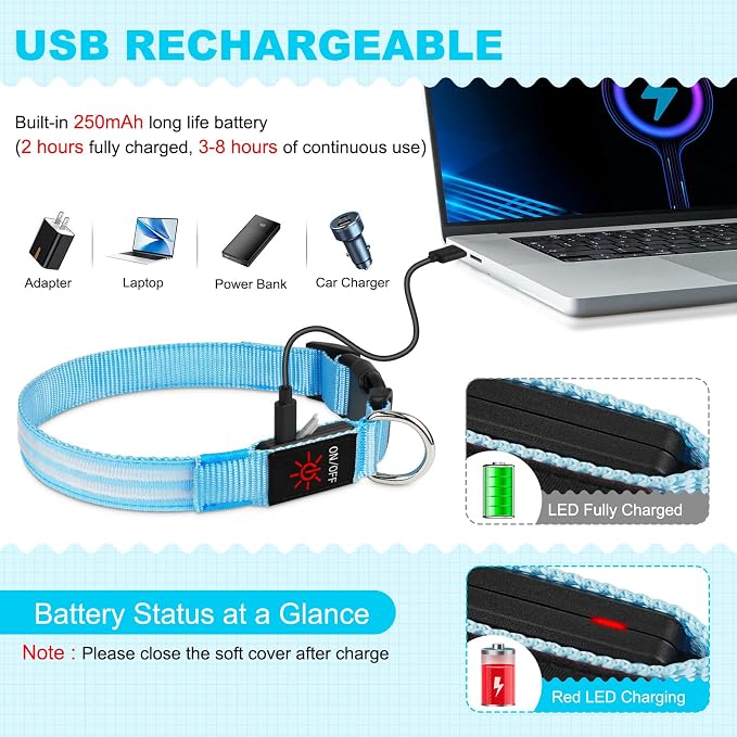 Illumifun LED Dog Collar Rechargeable Light Up Dog Collar Glow in the Dark, Flashing Lighted Glow Collars for Small Medium Large Dogs Night Walking (Blue, Large) - Image 4