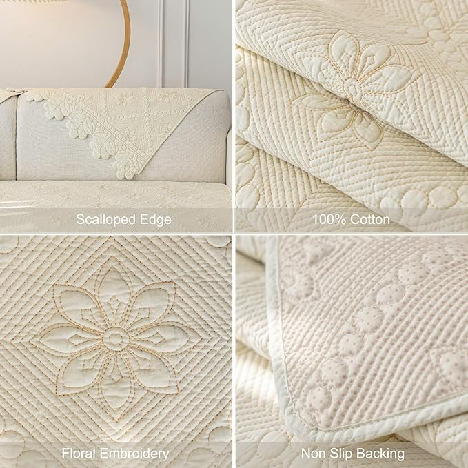 Cotton Quilted Dog Couch Cover for Sofa Farmhouse Rustic Embroidery Sectional Couch Cover Soft Anti-Slip Sofa Slipcover Furniture Protector for Kids, Pets (Ivory,28"x35") - Image 7