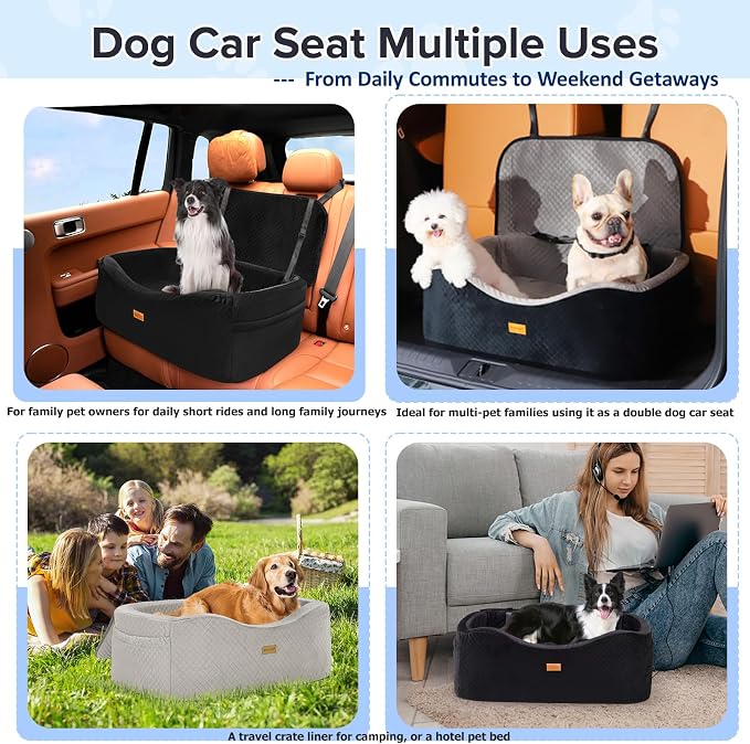 BLVRYVIO Large Dog Car Seat for Medium Sized Dogs Under 55lbs or 2 Smalls | Double Pet Booster Dog Seat for Car with 4" Memory Foam for Back Seat, Triple Safety Belts, Storage Pockets, Washable, Black - Image 6