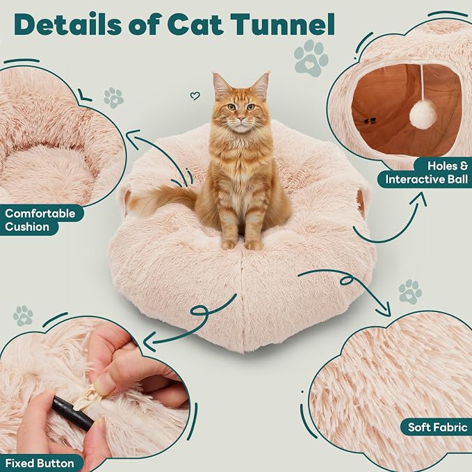 DUMOS Cat Tunnel Bed for Indoor Cats, Cave Donut Play Tunnel, Cream White | Soft Plush Peekaboo, Washable Circle Cushion, Multifunctional Playground Under Tree Toys for Kittens, Puppy, Rabbit, Ferret - Image 2