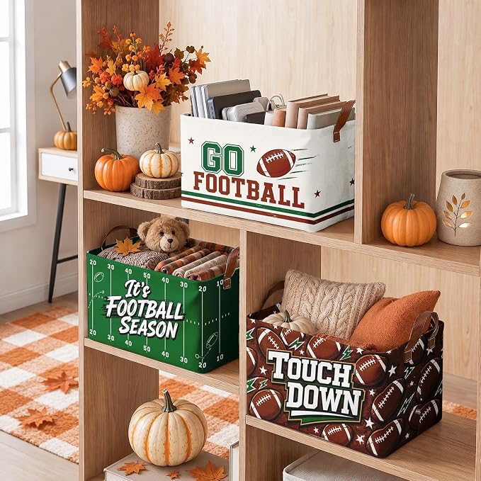 Britimes Football Storage Baskets for Gift, Toy Storage Bins Box,3Pcs Fall | Game Day Canvas Collapsible Baskets Organizer with Handles Football Nursery Decor Laundry Basket for Shelves Closet - Image 6