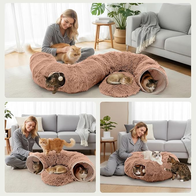 DUMOS Cat Tunnel Bed for Indoor Cats, Cave Donut Play Tunnel - Brown | Soft Plush Peekaboo, Washable Circle Cushion, Multifunctional Playground Under Tree Toys for Kittens, Puppy, Rabbit, Ferret - Image 7