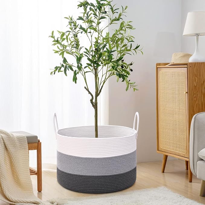 67L Large Woven Blanket Basket, Cotton Rope Baby Laundry Hamper with Handles, Kids Toy Basket for Classroom & Nursery, Soft Round Stuffed Animal Storage, Dog Toy Bin - 20"x13", Gray - Image 5