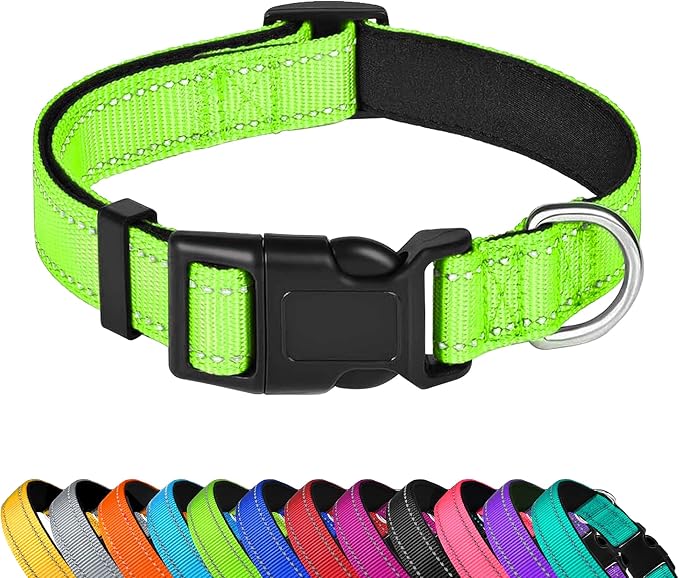 Reflective Dog Collar, Adjustable Soft Neoprene Padded,Green,XL | Breathable Nylon for Extra Large Dogs,Tear-Resistant Webbing,Chafe‑Free on Walks and Hikes,Metal D-Ring,Night Safety by PWOD