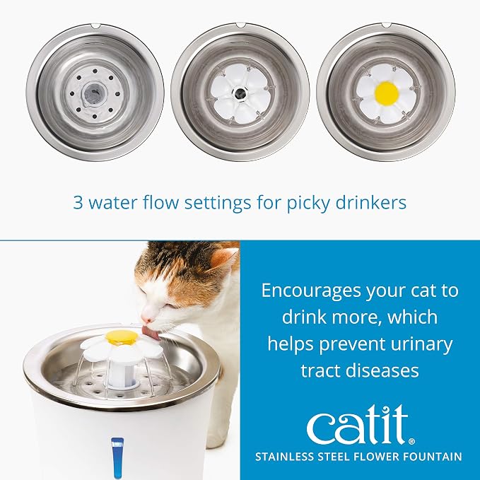 Catit Stainless Steel Flower Fountain with Triple Action Filter, Cat Drinking Water Fountain, 3 L (Pack of 6) - Image 3