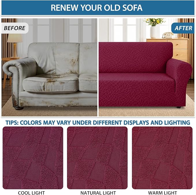 ZNSAYOTX 1 Piece Stretch Oversized Sofa Covers (91"-112"), New Plaid Couch Cover with Non-Slip Buckle for Dog Pets, Ultimate Soft Cozy Washable X-Large Sofa Slipcover Form Fit Protector, Wine Red - Image 5