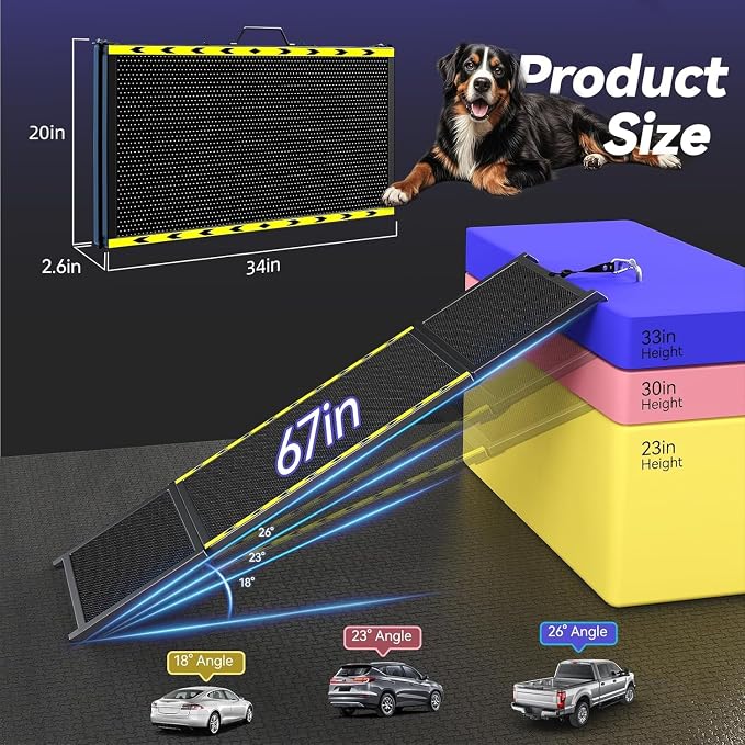 Pawaboo 67" L & 20" W Longest Dog Ramp for Car Foldable, Up to 200 LBS | Extra Wide Portable Pet Dog Ramps for Large Dogs, Dog Car Ramp for SUV/Truck/RV/Bed, Lightweight Ramps with Non-Slip Mesh, Bl - Image 5
