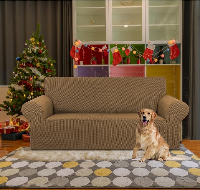 KEKUOU Stretch Loveseat Couch Cover, 2 Cushion Couch Slipcover,Camel | 1-Piece Washable Sofa Cover Pet Friendly (55"-78") Furniture Protector Soft Jacquard, Elastic Bottom for Dogs & Kids - Image 2