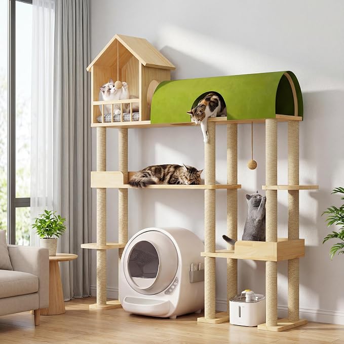 60'' Cat Tree for Automatic Litter Box, for Heavy Cats up to 22lbs | Solid Wood Large Cat Tower with Tunnel & House, Space-Saving for Indoor Multi-Pet Households, Stops Furniture Scratching by Homiflex