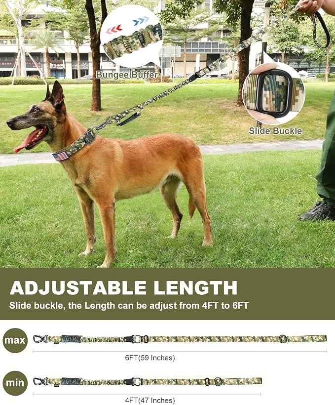 Hotsky Tactical Bungee Shock Absorbing No Pull Dog Leash,Blue Camo,4-6FT | Heavy Duty for Medium Large Dogs That Pull up to 660 lb,with Padded Double Handle ＆ Car Seatbelt,360°Rotating Locking Clasp - Image 6