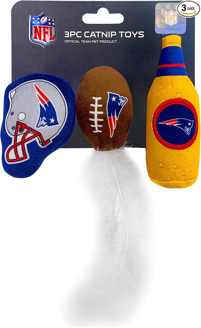 BEST PLUSH CAT TOY: NFL NEW ENGLAND PATRIOTS Complete Set of 3 piece Cat Toys filled with Fresh Catnip. Includes: 1 Helmet Cat Toy, 1 Football Cat Toy with Feathers & 1 Beer Bottle all with Team LOGOS by PETSFIRST