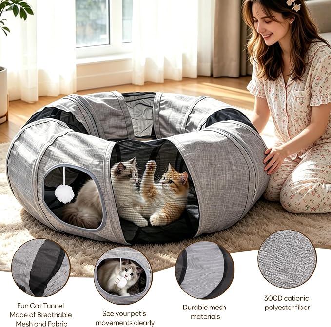 Ownpets Collapsible Cat Tunnel Toy - 2-in-1 Interactive Play Tunnel for Cat up to 18 lbs, Tear-Resistant Mesh, Fold to 2 Inches Thick, Portable Cat Exercise & Entertainment Tunnel, 12" Diameter, Grey - Image 2