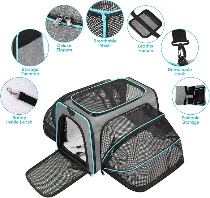 Pet Carrier, Large Soft Sided Expandable Travel Carrier with Steel Frame, Anti-Scratch Mesh, Removable Fleece Pad and Pockets for Cats, Dogs and Small Animals up to 15 lbs (Gray, 5 Sides Expandable) - Image 6