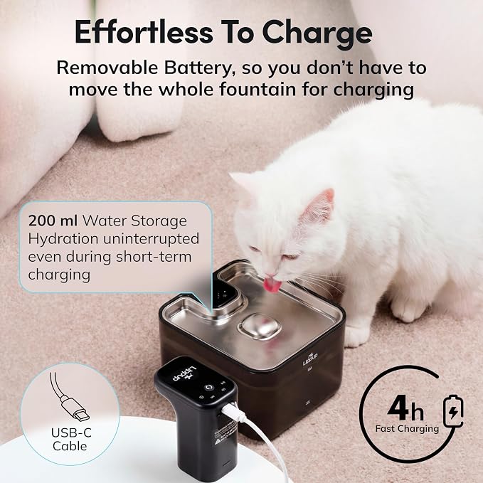 Cat Water Fountain Cordless, 88oz/2.6L Wireless Pet Water Fountain for Cats Indoor, Battery Operated Cat Drinking Fountain with Motion Sensor, Ultra Quiet Pump, BPA-Free, Black - Image 6