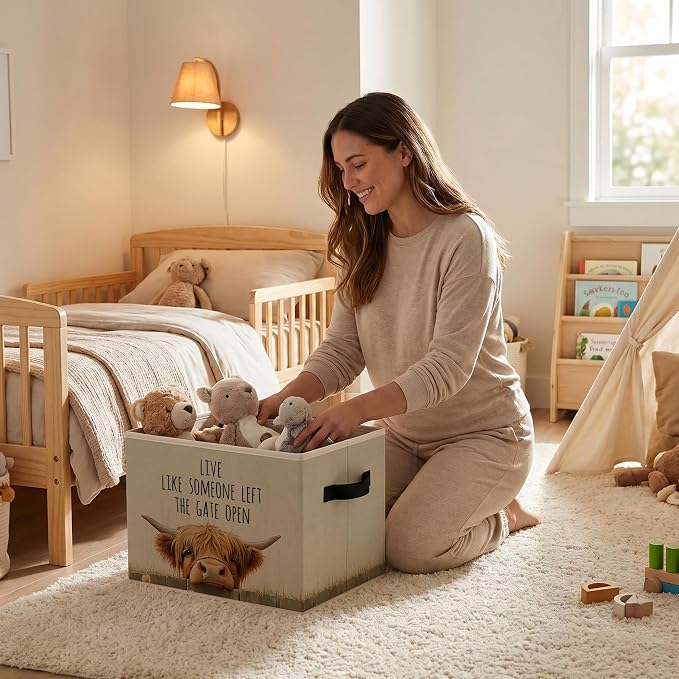 Highland Cow Storage Bins Box with Handles, Inspirational Collapsible Storage Basket, Farmhouse Animal Foldable Basket for Organizing Playroom Nursery Toys Books Clothes - Image 5