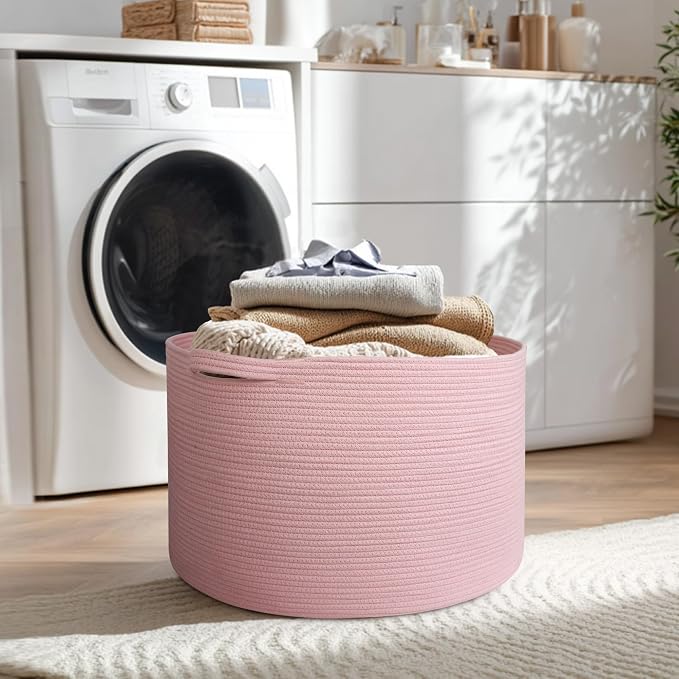 MEGASKET 115L Oversized Pink Basket, 23.6"x15.7" Woven Cotton Rope Bin with Handles, XXXL Blanket Storage for Living Room, Kids Toy Storage Bin Box, Baby Laundry Basket for Organizing, Pink Room Decor - Image 7
