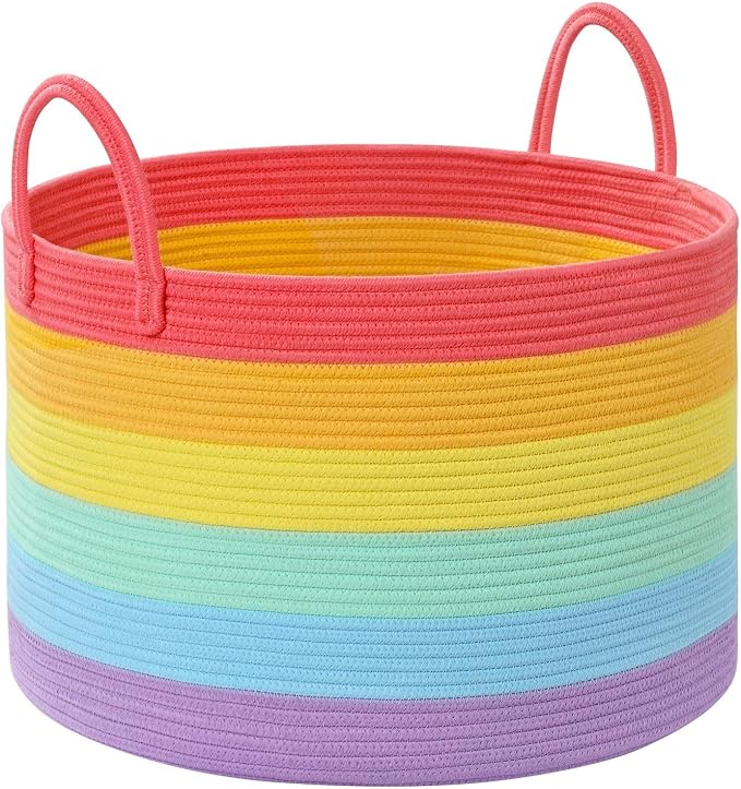 67L Large Rainbow Blanket Basket, Cotton Rope Baby Laundry Hamper with Handles, Kids Toy Basket for Classroom & Nursery, Soft Round Stuffed Animal Storage, Dog Toy Bin - 20"x13", Rainbow by Degeyoyo