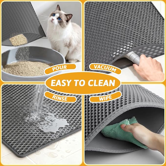 Pieviev Double Layer Cat Litter Mat Traps Scattered Litter 24''x15'' 2 Pack | Waterproof Urine Resistant Layer Litter Box Mat, Easy Collection, Soft on Kitty Paws, Gray Color for Indoor Cats - Image 4