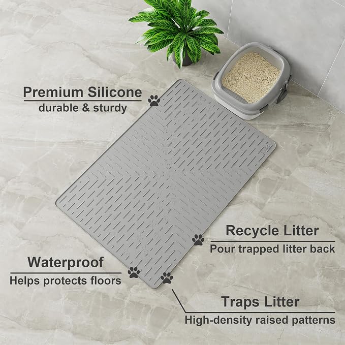 XL Cat Litter Mat, 37.5x25.2 Silicone Trapping Mat Grey | for Kitty Litter Box, Easy Clean, BPA Free Rubber, Center Litter Collection, Easy Pour-Back, Waterproof, Odor-Resistant - Image 2