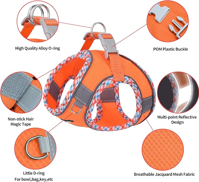 Teacup Puppy Harness with Leash, Escape-Proof Design, Orange S | No Pull Step-in Dog Vest Harness, Breathable Mesh, Reflective Design with Magic Tape, Outdoor Use for Poodles, Pomeranians - Image 5
