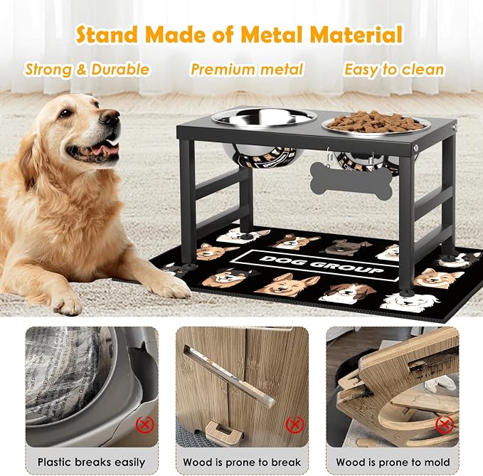 ADENGL 10" Elevated Dog Bowls – Metal Raised Dog Bowl Stand with 2 x 1700ml Stainless Steel Bowls, 1 Slow Feeder & Non-Slip Mat for Dogs - Image 6