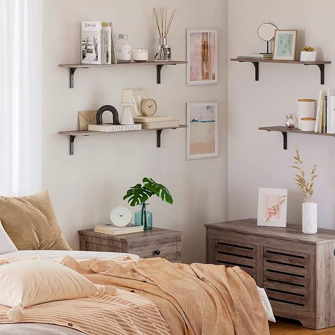 Long Wall Shelves, 39.4Inch Wooden Wall Mounted Shelves, Set of 2 | Large Floating Book Shelf, Metal Bracket, Easy Assembly, Max Load 33lbs, Wall Storage Ledges, Bedroom/Bathroom/Kitchen Greige - Image 7