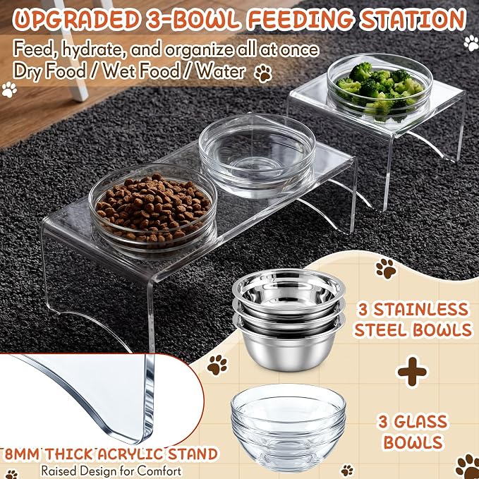 Raised Dog Bowl Stand, 3 Bowl Elevated Dog Feeder for Medium Dogs, Clear Acrylic Modern Feeding Station with 6 Bowls (Glass & Stainless Steel), Non Slip, Supports Better Digestion - Image 4