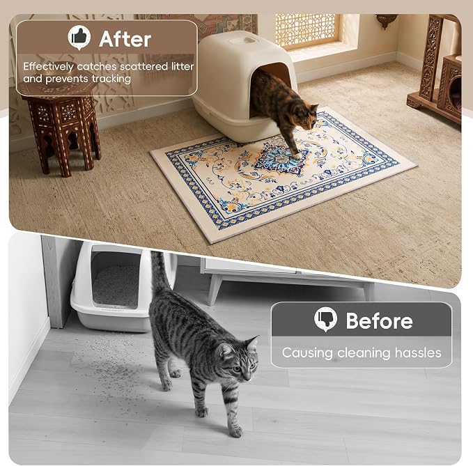 Bienbee Cat Litter Mat, 2PCS 33"x22" Machine Washable Litters Box Mats Non-Slip &Waterproof Cat Litters Trapping Mats Easy to Clean Mat for Litter Box Less Waste Protects Floors Blue and Gold L - Image 2