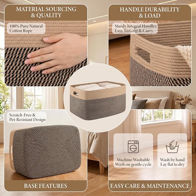 75L Large Cotton Rope Basket, Soft Toy Storage Bin for Nursery & Living Room, Decorative Blanket Basket for Bedroom, Baby-Safe Organizer for Pillows &Laundry, 22''×17''×12'', Brown & Black - Image 3