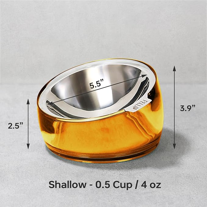 Felli Pet Oblik Whisker Fatigue Cat Food Bowl Raised Stainless Steel Shallow Dish, Pet Design Anti Vomit Tilted Metal Plate Feeder Elevated Acrylic Base for Treats Storage(Gold, 0.5 Cups Shallow Dish) - Image 4