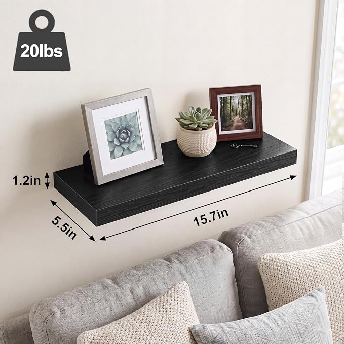 Fixwal Floating Wall Shelves for Decor (Black, Set of 6, 15.7 Inch) | MDF Shelves with Metal Brackets, Space Saving for Books, Decor, Works in Bathroom, Kitchen, Living Room, Bedroom - Image 3