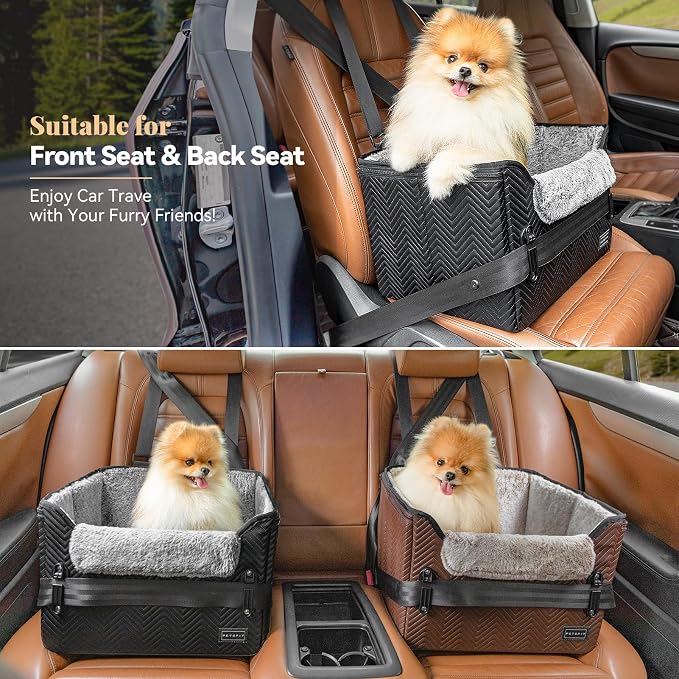 PETSFIT Small Dog Car Seat, Waterproof PU Leather Dog Carseat with Patent Safe Buckles, Clip-On Leash, Car Seat for Dogs, Cats Up to 25 lbs (Glossy Black) - Image 2