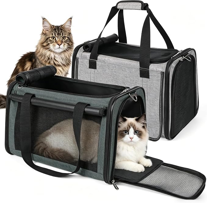 YUDODO 2 Packs 25 lbs Soft Sided Pet Carrier for Large Cat & Small Dog | Airline Approved, Lightproof Breathable Design, Side Pockets, Durable Mesh, Foldable and Portable, Grey+Grey green - Image 3