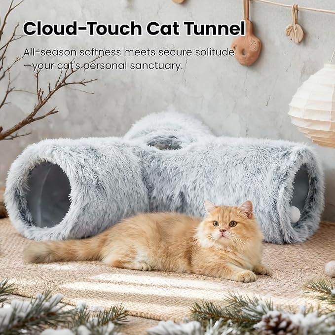 Tempcore Plush Cat Tunnel for Indoor Cats, 3 Way Collapsible Pet Play Tunnel with Teaser Wand, Peek Holes & Hanging Ball, Interactive Tube for Kittens & Rabbits, Light Grey - Image 5
