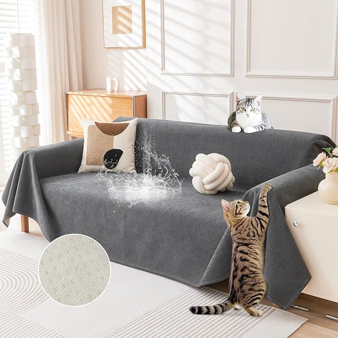 Deep Dream Cat-Scratch Resistant Couch Cover, Waterproof Sofa Cover for 3 Cushion Couch Washable, Pet Friendly Couch Protectors Anti Slip Thickened Love Seat Slipcovers for Pets, 71" x 118", Dark Grey by DeepDream