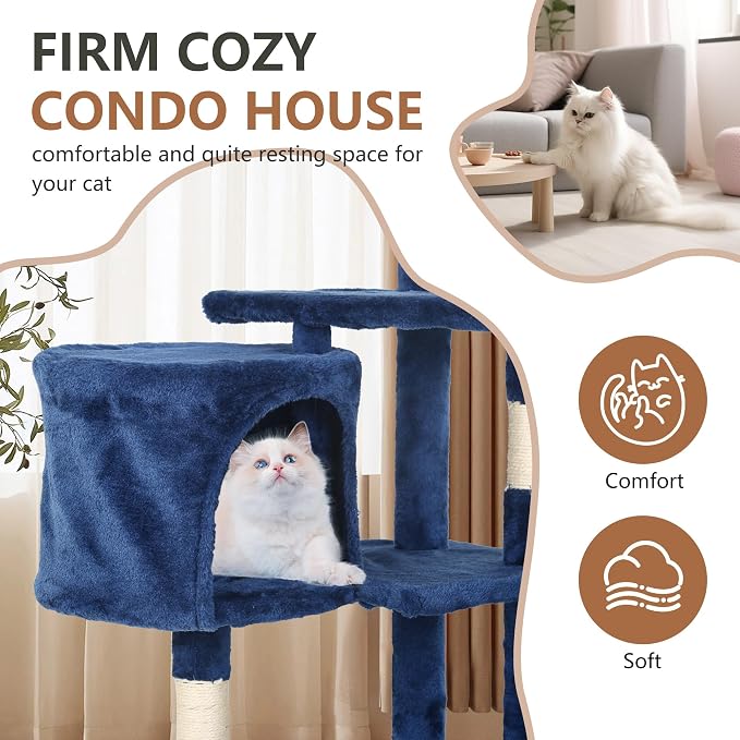 FDW | 36" Cat Tree Tower | Navy Blue | Multi-Level Indoor Activity Center with Sisal Scratching Posts, Condos, Plush Perches, Hanging Cat Toys | Sturdy, Easy to Assemble | for Kittens & Adult Cats - Image 4