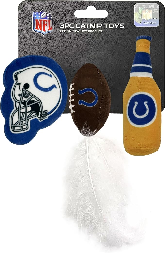 Pets First Best Plush CAT Toy - NFL Indianapolis Colts Complete Set of 3 Piece Cat Toys Filled with Fresh Catnip. Includes: 1 Helmet Cat Toy, 1 Football Cat Toy with Feathers & 1 Beer Bottle by PETSFIRST