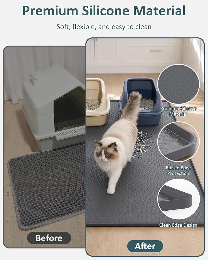 Extra Large Cat Litter Mat, Waterproof Litter Mat, 51.2 x 25.6 in | Silicone, Raised Edge Desgin, Waterproof, Traps Litter Water Dirt, Easy Clean Non Slip Floor Protector - Image 2