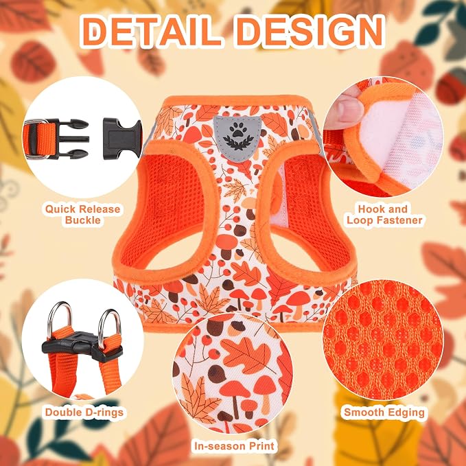 Thanksgiving Autumn Puppy Harness - Dog Collar and Leash - Soft Mesh Padded Adjustable Step in Small Dog Vest Harness No Pull, Reflective Escape Proof for Outdoor Walking, Orange S - Image 3