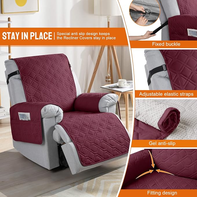 VANSOFY 100% Waterproof Recliner Chair Covers Washable, Burgundy, 28" | Non-Slip, Slipcover with Pocket, Furniture Protector, Elastic Straps, Chair Cover for Pets, Dogs - Image 3