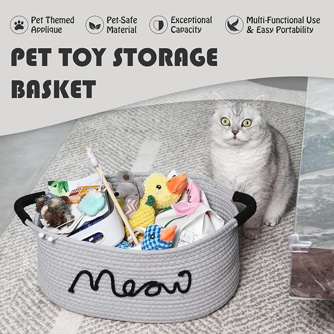 Sea Team Cat Toy Storage Basket with Handles, Gray Meow | Large Cotton Rope Storage Bin, Shelf Basket, Organizer for Pet Chew Toys, Foods, 16.5 x 11 x 7 Inches, 4.4 Gallons - Image 2