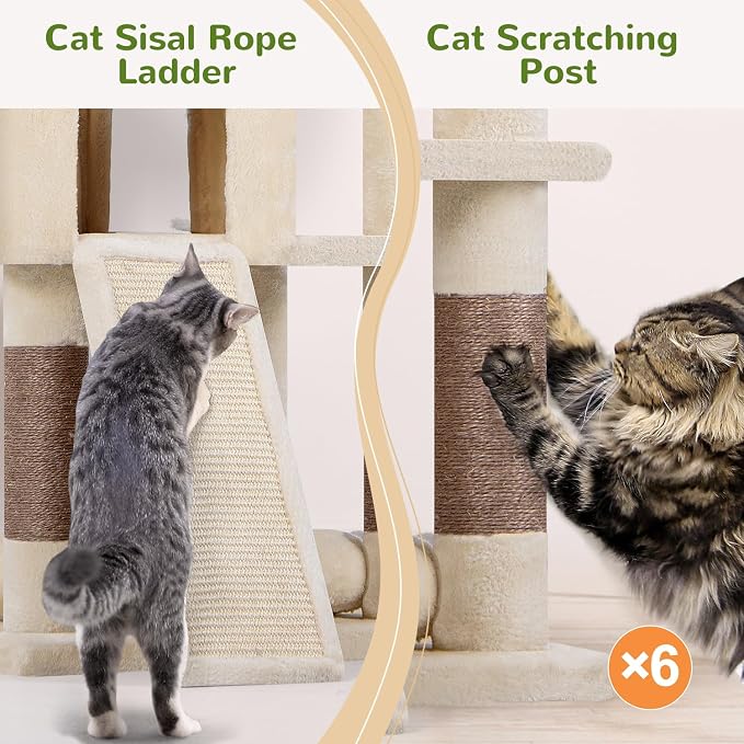 Globlazer Heavy Duty Cat Trees for Large Cats, Sturdy 72in Maine Coon Cat Tree for Large Cat 20 lbs+ Heavy Duty Cat Tower for Adult Biggest Cats with 6 Scratching Posts, Hammock, S72, Beige - Image 6