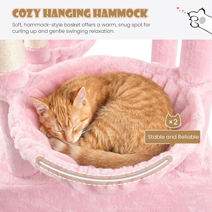 Sha Cerlin 87 in Multi-Level Tall Cat Tree Tower for Large Cats/Extra Wide Feline Activity Center/Sisal Scratching Posts/Wide Base/Cozy Plush Perches/Baskets/Hammocks/Toy Balls/Pink - Image 5