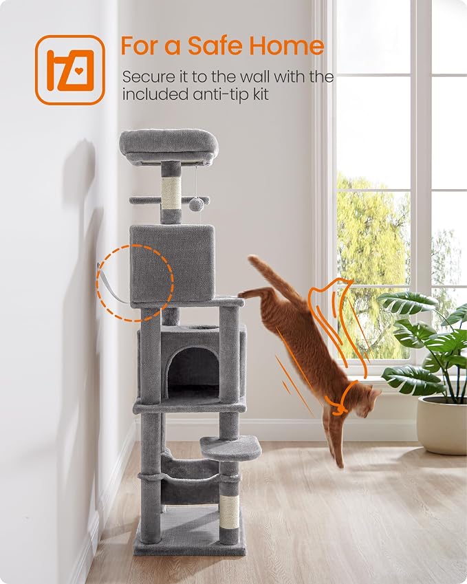 Feandrea Cat Tree, 59.5-Inch Tall Cat Tower, Plush Multi-Level Condo with 5 Scratching Posts, 2 Perches, 2 Caves, Hammock, 2 Pompoms, Light Gray UPCT192W01 - Image 8