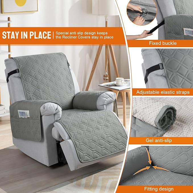 VANSOFY 100% Waterproof Recliner Chair Covers Washable, Gray, 23.6" | Non-Slip, Slipcover with Pocket, Furniture Protector, Elastic Straps, Chair Cover for Pets, Dogs - Image 3