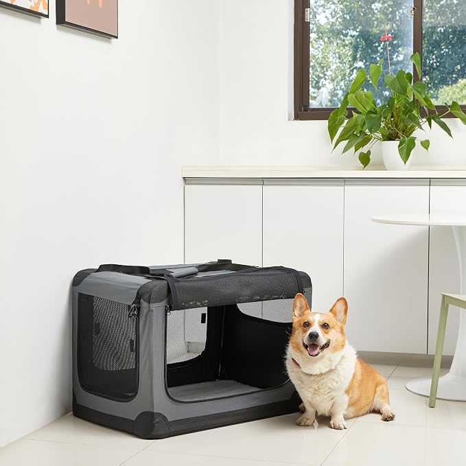 Amazon Basics 4-Door Portable Folding Soft Dog Crate, Collapsible Travel Kennel for Cat, Dog, and Other Small Animals, Pop Up with Easy Transportation, Grey, M 30" x 21" x 21" - Image 7