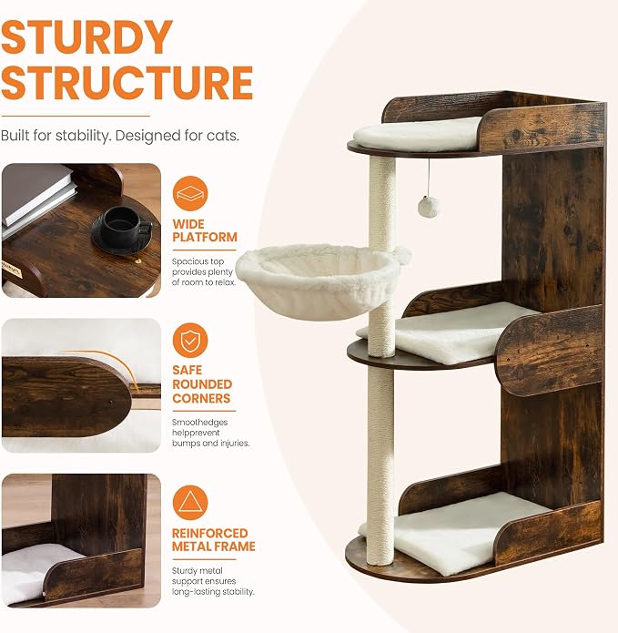 44.8in Modern Wood Cat Tree Tower for Indoor Large Cats with Perch | Multi-level Big Platforms, Sisal Scratching Posts, Cozy Hammock, Washable Pads, Ideal for Windows and Corners, Rustic Brown - Image 7