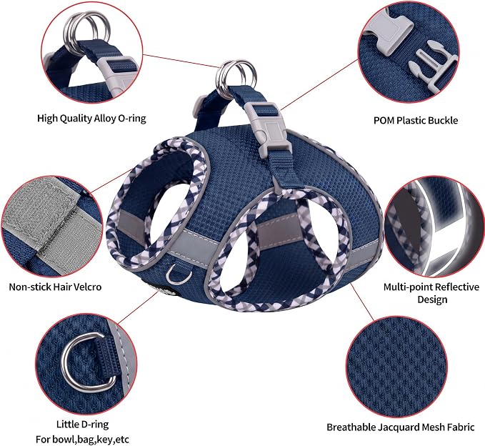 Small Dog Harness and Leash Set Strong Magic Tape, Navy-Blue, XS | No Pull Step-in Vest for Puppy, Breathable Mesh, Reflective & Escape-Proof Design, Outdoor Use for Chihuahua, Maltese - Image 3