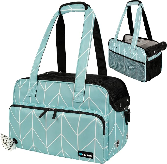 PetAmi Small Dog Purse Carrier, Soft-Sided Pet Carrier Bag with Pockets, Portable Puppy Cat Travel Handbag Tote, Airline Approved Breathable Mesh, Poop Bag Dispenser, Max 18 lbs, Chevron Teal by PetAmi